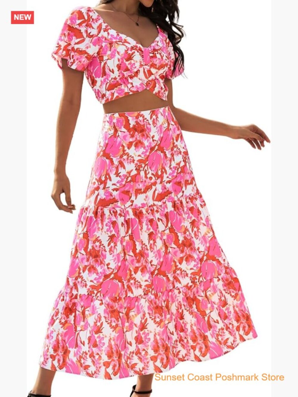 Floral Boho 2 Piece Skirt Set Matching Top & Long Skirt Cruise Outfit